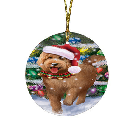 Trotting in the Snow Goldendoodle Dog Round Flat Christmas Ornament RFPOR54700