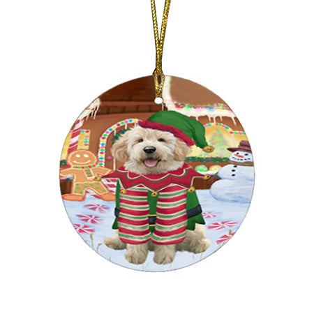 Christmas Gingerbread House Candyfest Goldendoodle Dog Round Flat Christmas Ornament RFPOR56698