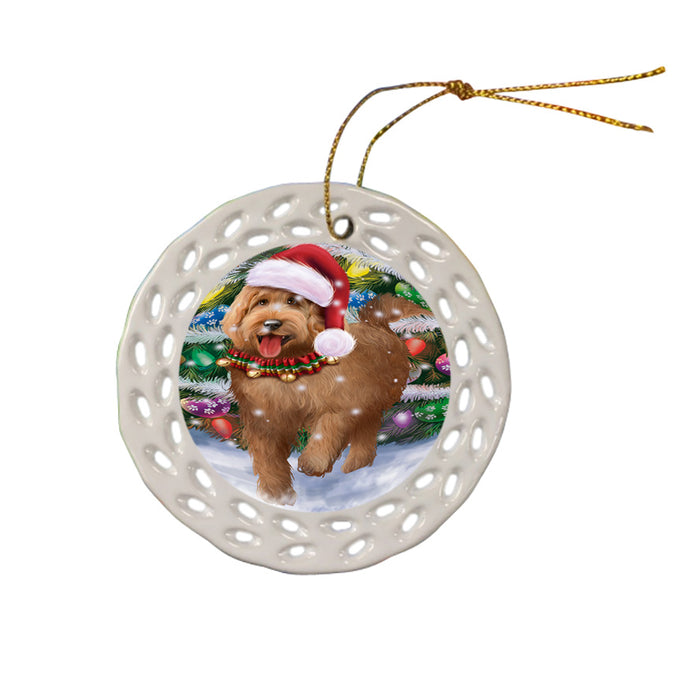 Trotting in the Snow Goldendoodle Dog Ceramic Doily Ornament DPOR54709