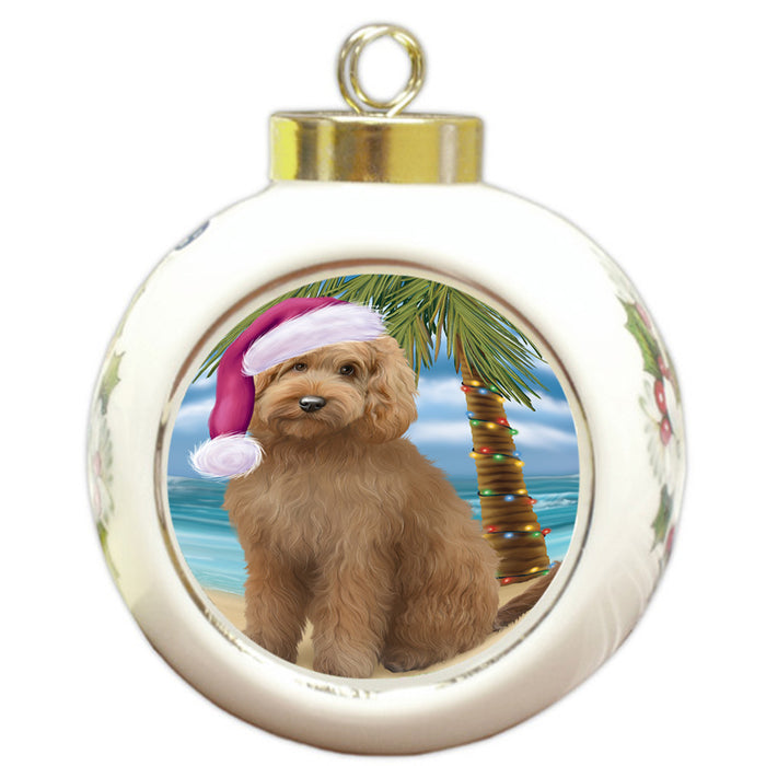 Summertime Happy Holidays Christmas Goldendoodle Dog on Tropical Island Beach Round Ball Christmas Ornament RBPOR54556