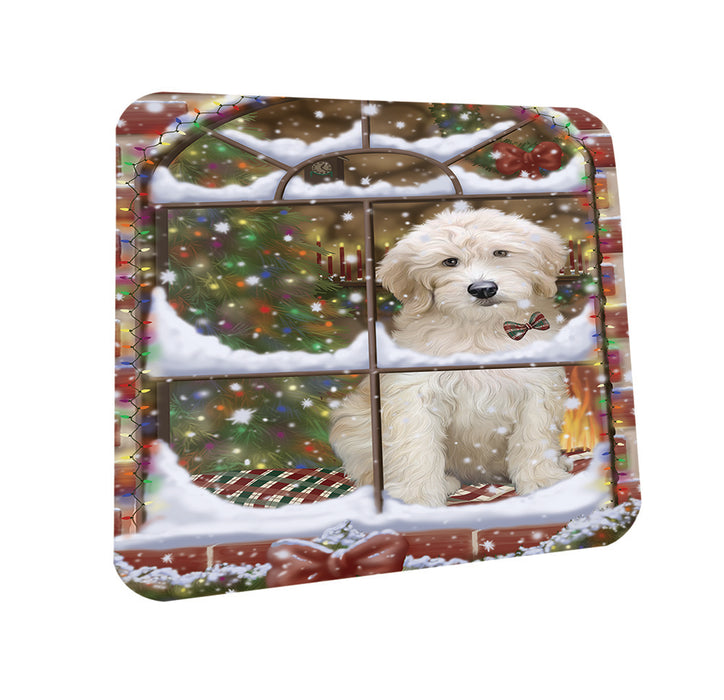 Please Come Home For Christmas Goldendoodle Dog Sitting In Window Coasters Set of 4 CST53588