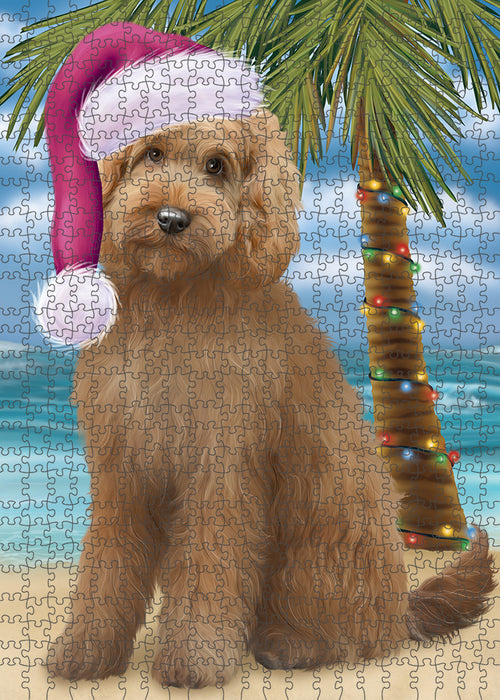 Summertime Happy Holidays Christmas Goldendoodle Dog on Tropical Island Beach Puzzle  PUZL85380