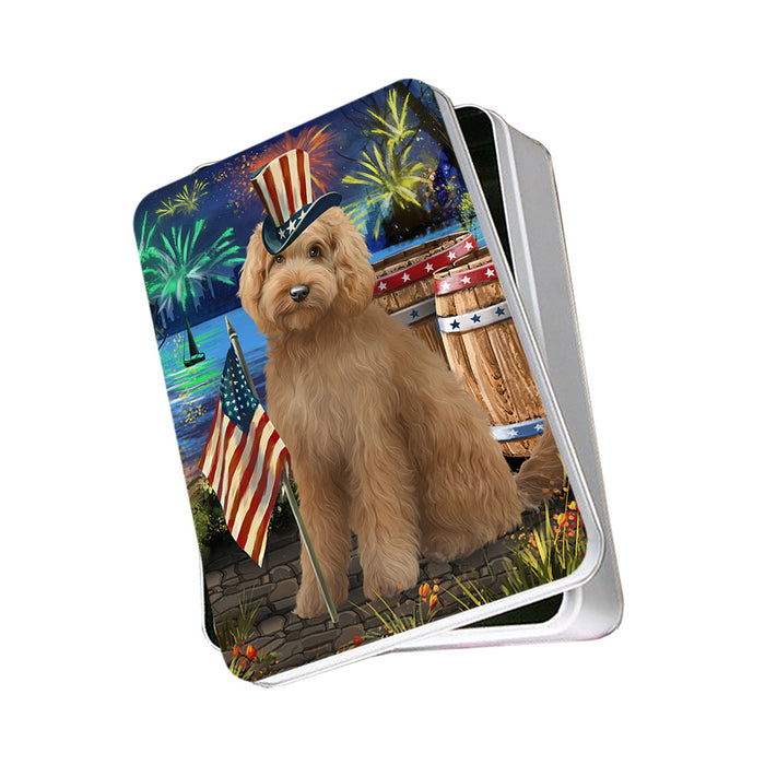 4th of July Independence Day Firework Goldendoodle Dog Photo Storage Tin PITN53990