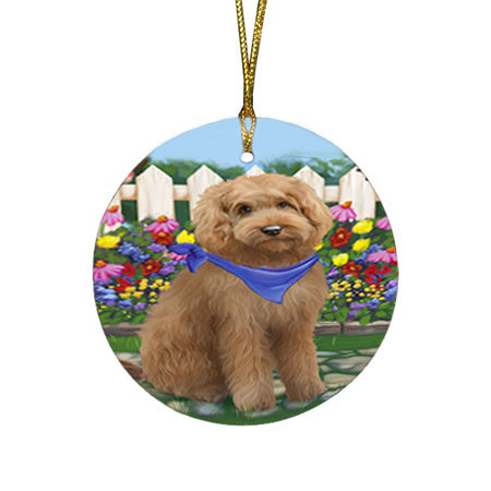 Spring Floral Goldendoodle Dog Round Flat Christmas Ornament RFPOR52246