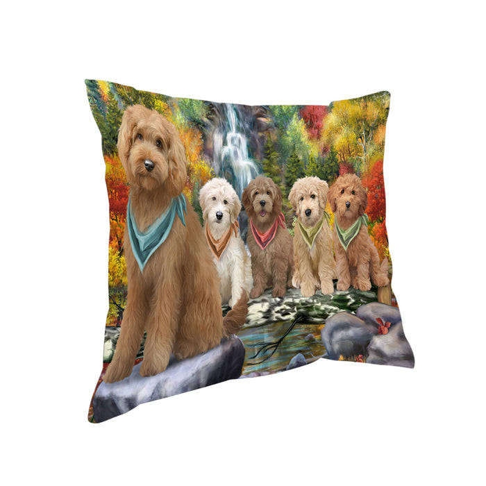 Scenic Waterfall Goldendoodles Dog Pillow PIL63924