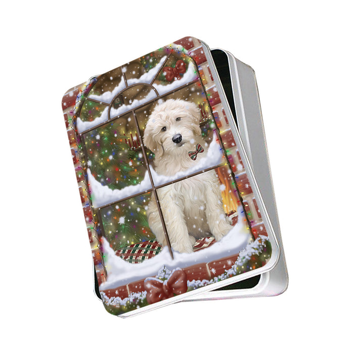 Please Come Home For Christmas Goldendoodle Dog Sitting In Window Photo Storage Tin PITN57544