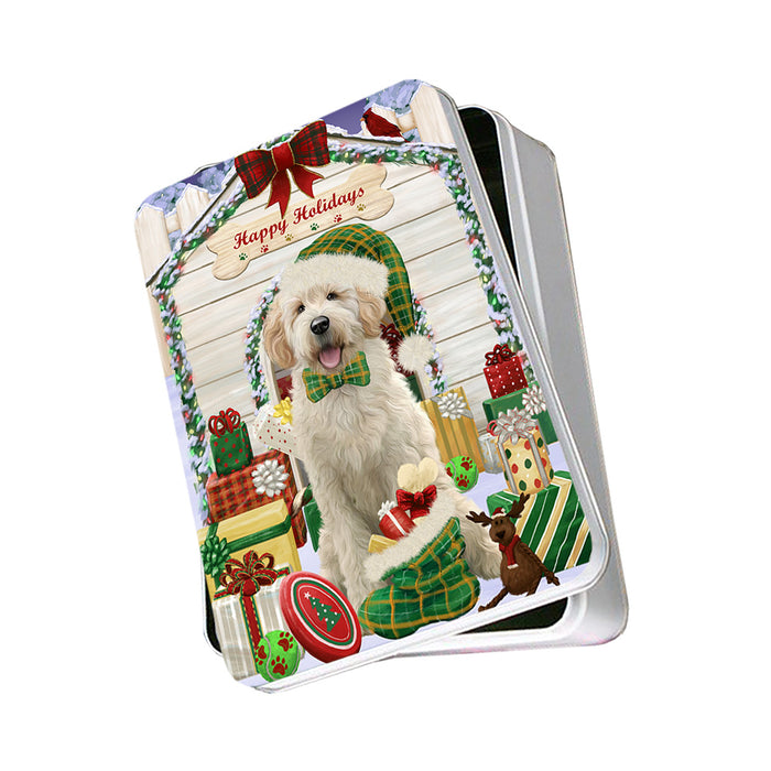 Happy Holidays Christmas Goldendoodle Dog With Presents Photo Storage Tin PITN52654