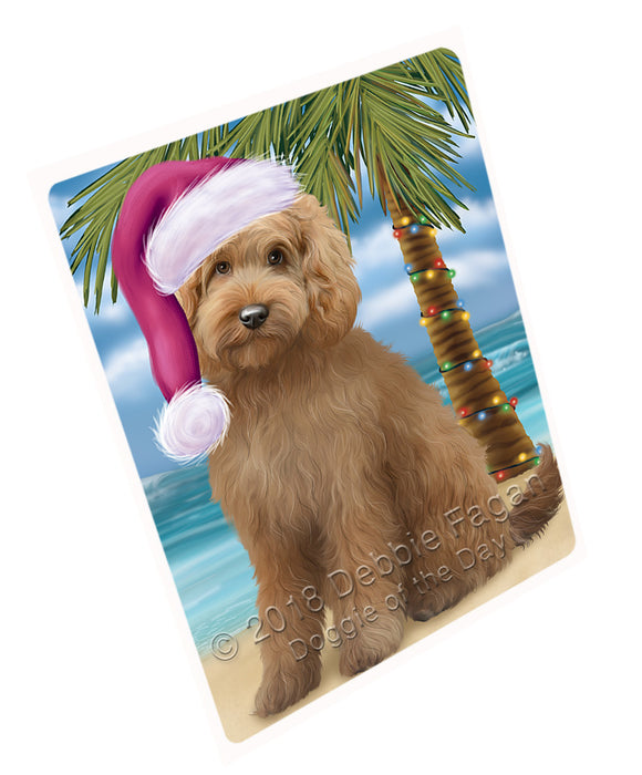 Summertime Happy Holidays Christmas Goldendoodle Dog on Tropical Island Beach Blanket BLNKT108345