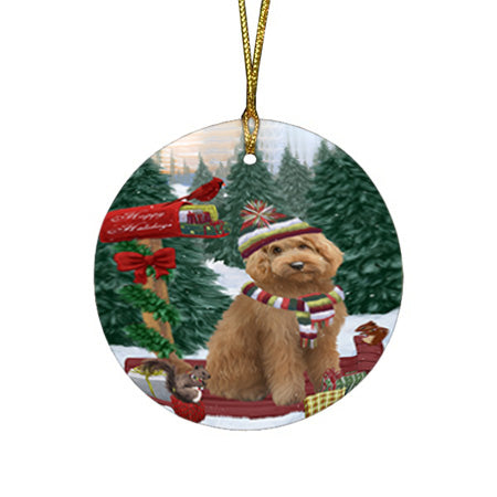 Merry Christmas Woodland Sled Goldendoodle Dog Round Flat Christmas Ornament RFPOR55291