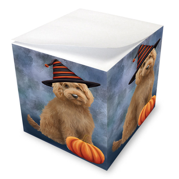 Happy Halloween Goldendoodle Dog Wearing Witch Hat with Pumpkin Note Cube NOC56372