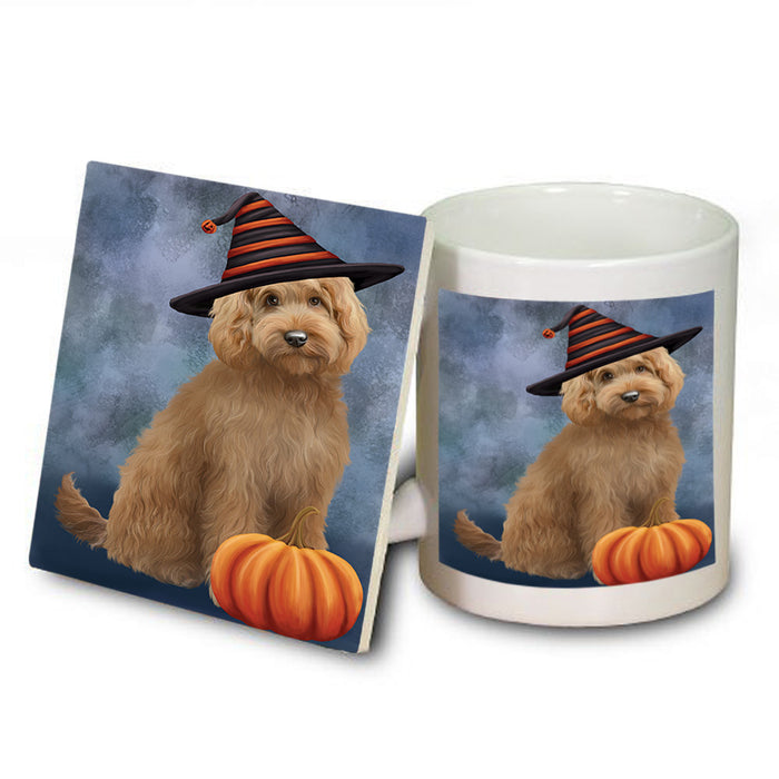 Happy Halloween Goldendoodle Dog Wearing Witch Hat with Pumpkin Mug and Coaster Set MUC54718