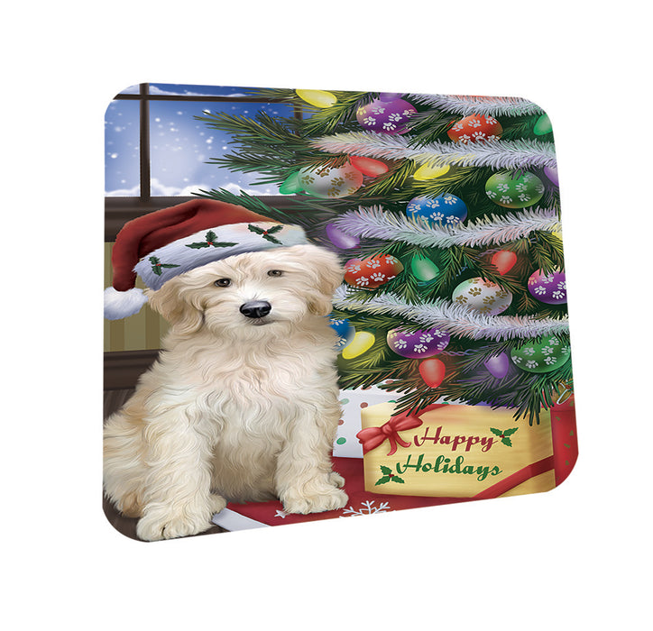 Christmas Happy Holidays Goldendoodle Dog with Tree and Presents Coasters Set of 4 CST53414