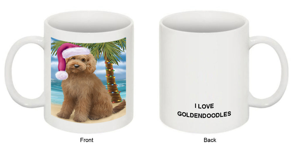 Summertime Happy Holidays Christmas Goldendoodle Dog on Tropical Island Beach Coffee Mug MUG49826