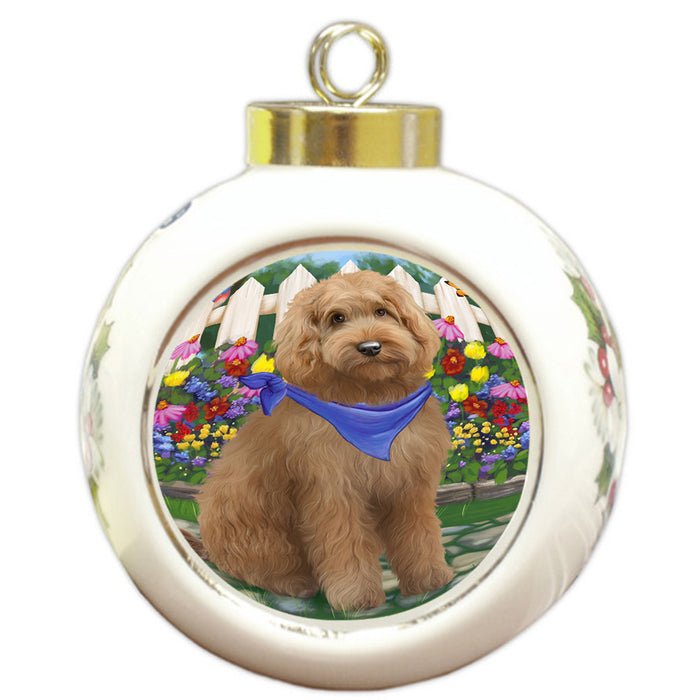 Spring Floral Goldendoodle Dog Round Ball Christmas Ornament RBPOR52255