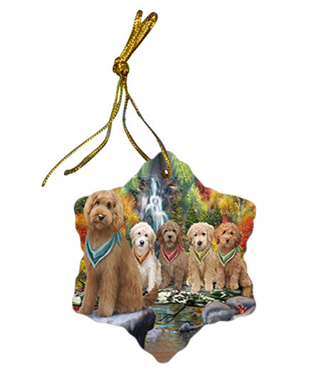 Scenic Waterfall Goldendoodles Dog Star Porcelain Ornament SPOR51881
