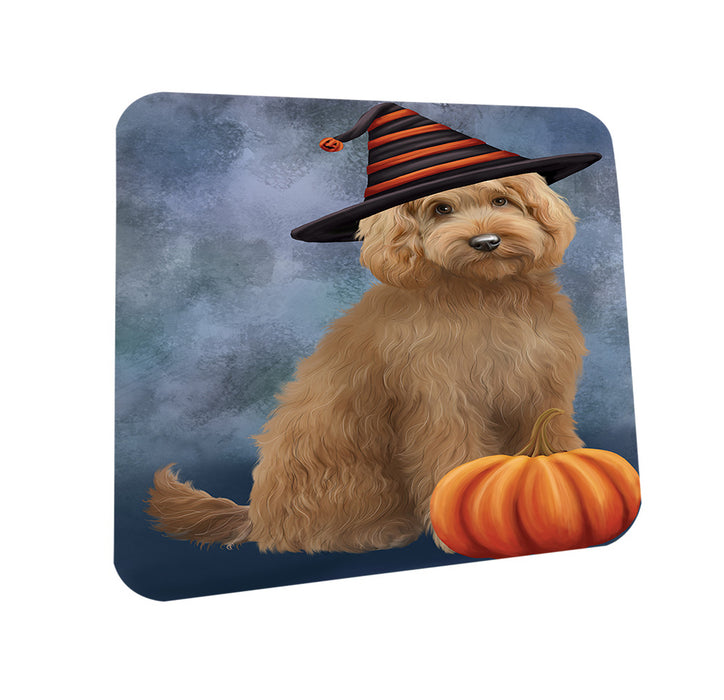 Happy Halloween Goldendoodle Dog Wearing Witch Hat with Pumpkin Coasters Set of 4 CST54684