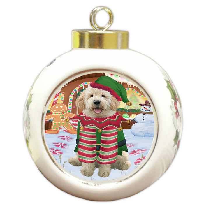 Christmas Gingerbread House Candyfest Goldendoodle Dog Round Ball Christmas Ornament RBPOR56698