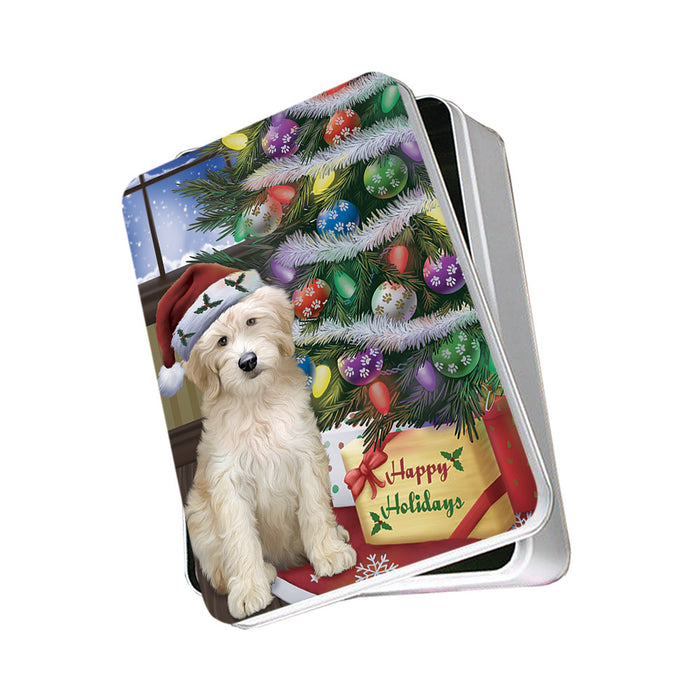 Christmas Happy Holidays Goldendoodle Dog with Tree and Presents Photo Storage Tin PITN53456
