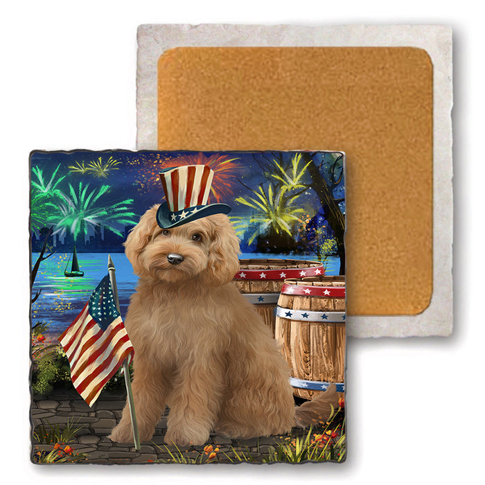 4th of July Independence Day Firework Goldendoodle Dog Set of 4 Natural Stone Marble Tile Coasters MCST49047