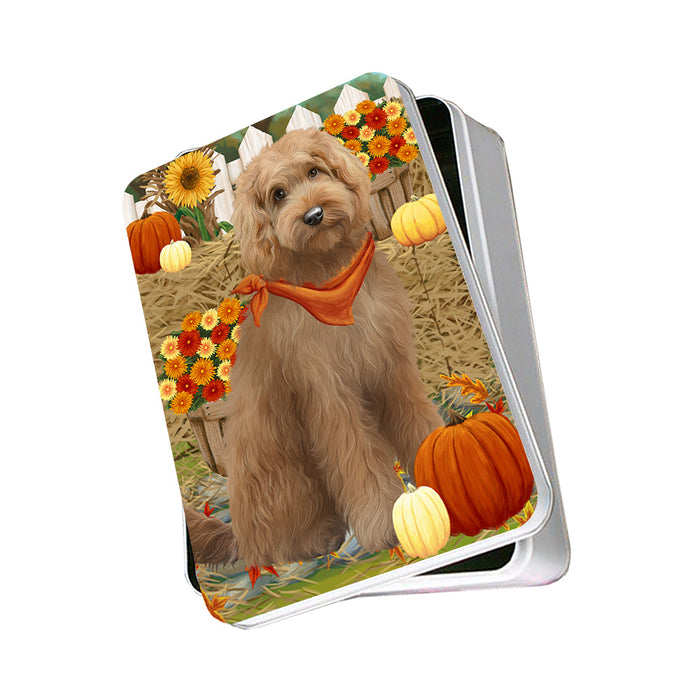 Fall Autumn Greeting Goldendoodle Dog with Pumpkins Photo Storage Tin PITN52326