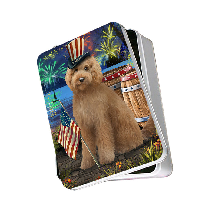 4th of July Independence Day Fireworks Goldendoodle Dog at the Lake Photo Storage Tin PITN51153