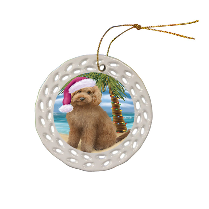 Summertime Happy Holidays Christmas Goldendoodle Dog on Tropical Island Beach Ceramic Doily Ornament DPOR54556
