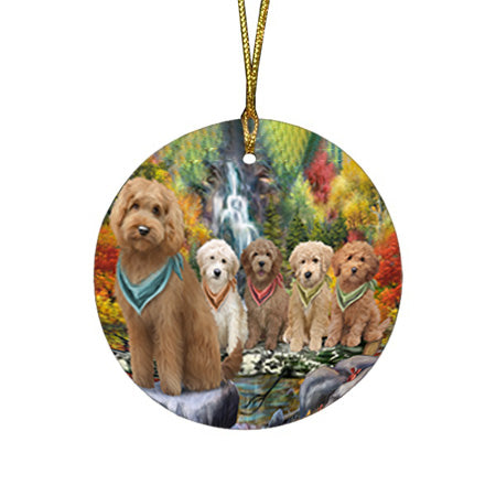 Scenic Waterfall Goldendoodles Dog Round Flat Christmas Ornament RFPOR51881