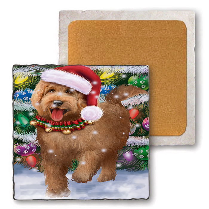 Trotting in the Snow Goldendoodle Dog Set of 4 Natural Stone Marble Tile Coasters MCST49581