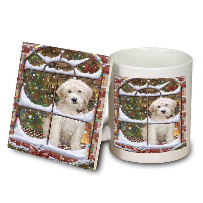 Please Come Home For Christmas Goldendoodle Dog Sitting In Window Mug and Coaster Set MUC53622