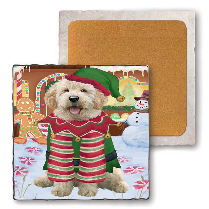 Christmas Gingerbread House Candyfest Goldendoodle Dog Set of 4 Natural Stone Marble Tile Coasters MCST51342