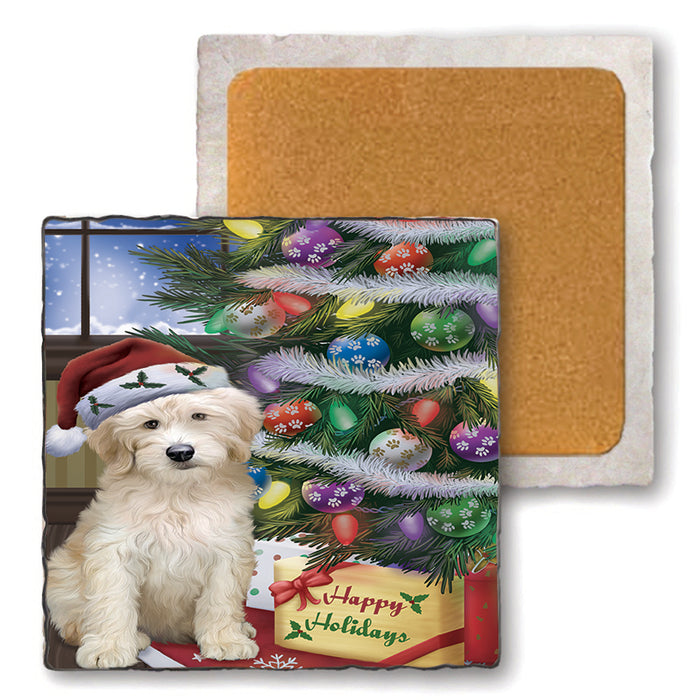 Christmas Happy Holidays Goldendoodle Dog with Tree and Presents Set of 4 Natural Stone Marble Tile Coasters MCST48456