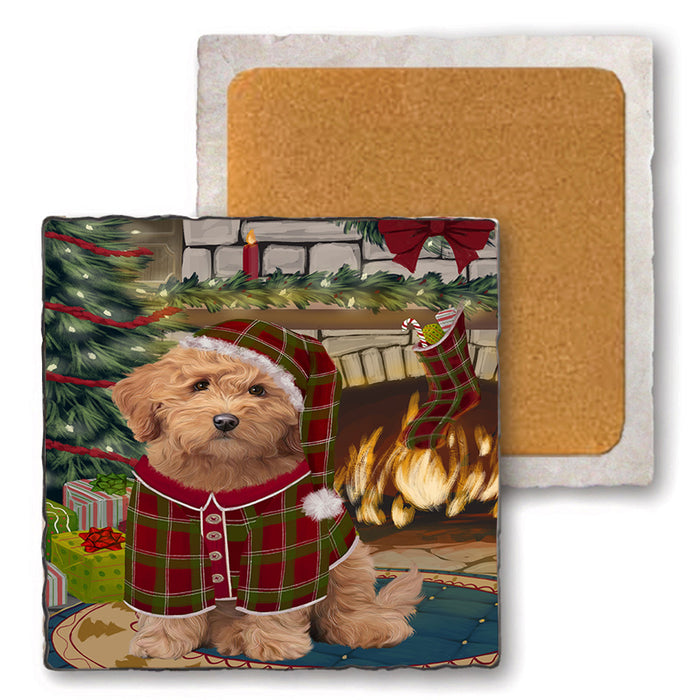 The Stocking was Hung Goldendoodle Dog Set of 4 Natural Stone Marble Tile Coasters MCST50316