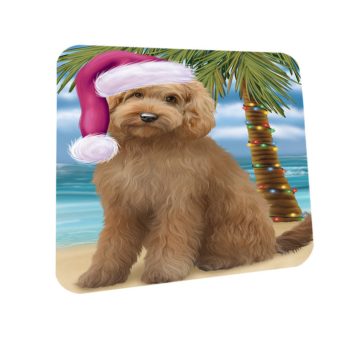 Summertime Happy Holidays Christmas Goldendoodle Dog on Tropical Island Beach Coasters Set of 4 CST54386