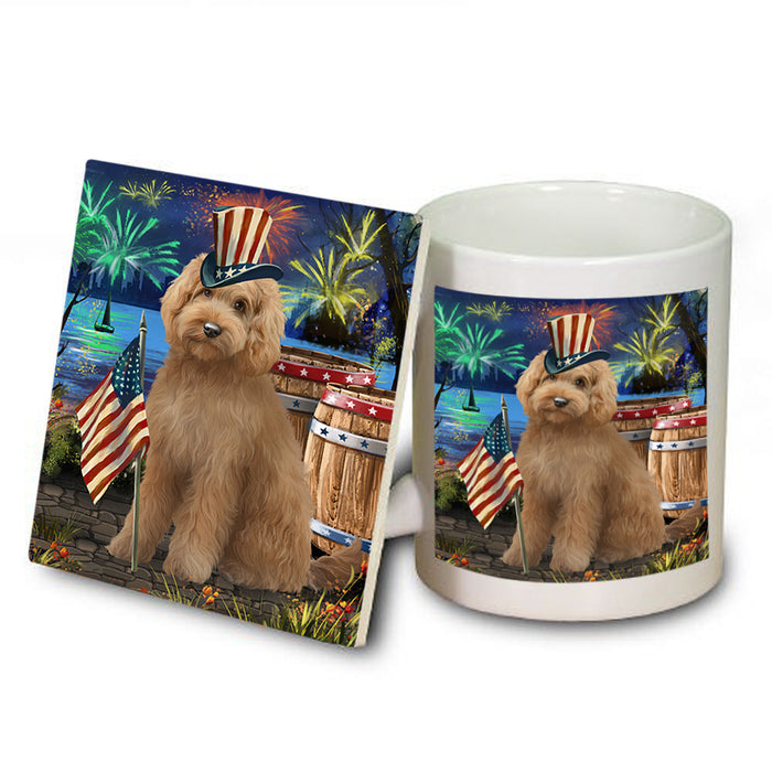4th of July Independence Day Firework Goldendoodle Dog Mug and Coaster Set MUC54039