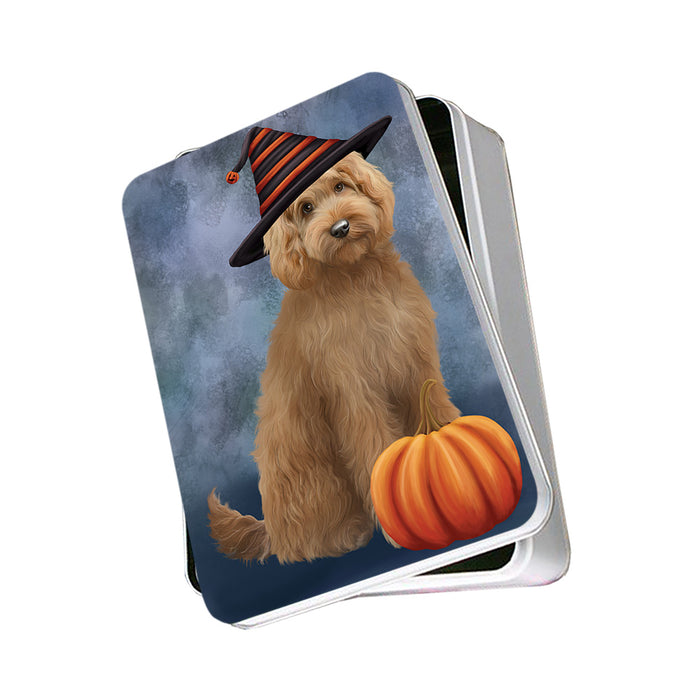 Happy Halloween Goldendoodle Dog Wearing Witch Hat with Pumpkin Photo Storage Tin PITN54669