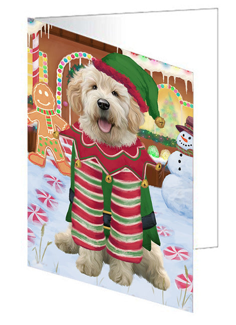 Christmas Gingerbread House Candyfest Goldendoodle Dog Handmade Artwork Assorted Pets Greeting Cards and Note Cards with Envelopes for All Occasions and Holiday Seasons GCD73541