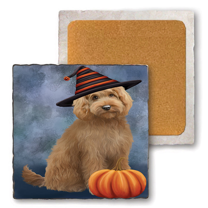 Happy Halloween Goldendoodle Dog Wearing Witch Hat with Pumpkin Set of 4 Natural Stone Marble Tile Coasters MCST49726