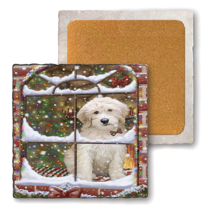 Please Come Home For Christmas Goldendoodle Dog Sitting In Window Set of 4 Natural Stone Marble Tile Coasters MCST48630