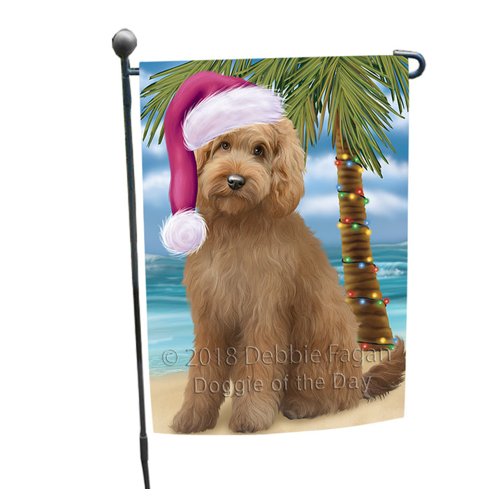 Summertime Happy Holidays Christmas Goldendoodle Dog on Tropical Island Beach Garden Flag GFLG54618
