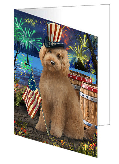 4th of July Independence Day Fireworks Goldendoodle Dog at the Lake Handmade Artwork Assorted Pets Greeting Cards and Note Cards with Envelopes for All Occasions and Holiday Seasons GCD57488