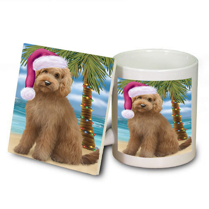Summertime Happy Holidays Christmas Goldendoodle Dog on Tropical Island Beach Mug and Coaster Set MUC54420