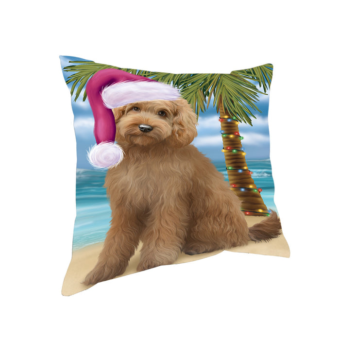Summertime Happy Holidays Christmas Goldendoodle Dog on Tropical Island Beach Pillow PIL74848