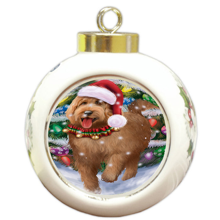 Trotting in the Snow Goldendoodle Dog Round Ball Christmas Ornament RBPOR54709