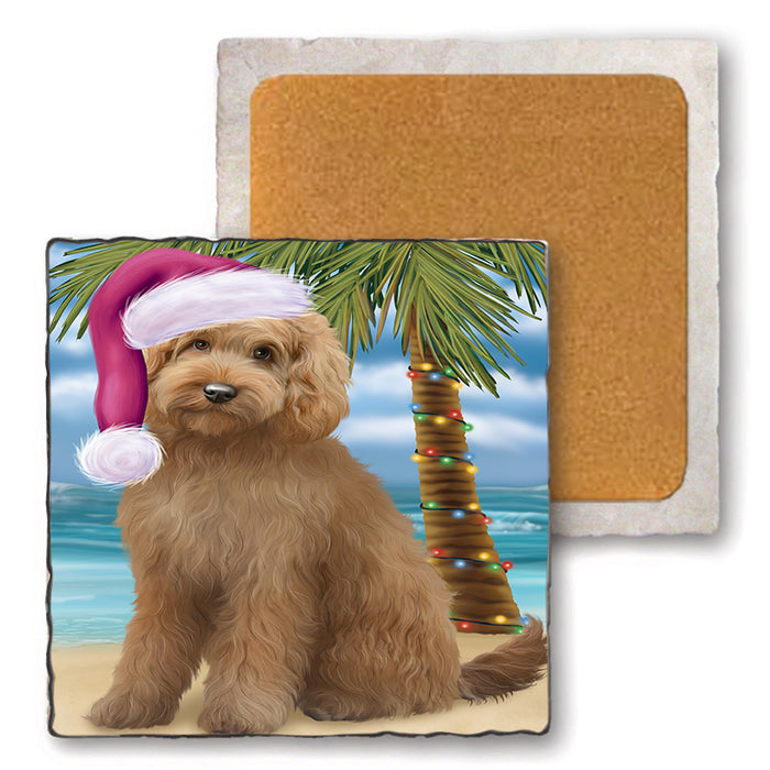 Summertime Happy Holidays Christmas Goldendoodle Dog on Tropical Island Beach Set of 4 Natural Stone Marble Tile Coasters MCST49428