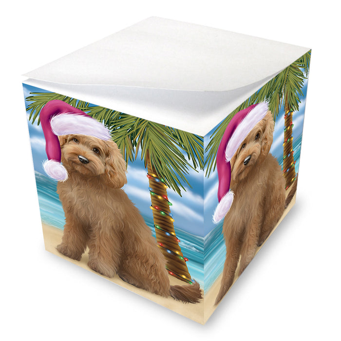 Summertime Happy Holidays Christmas Goldendoodle Dog on Tropical Island Beach Note Cube NOC56074