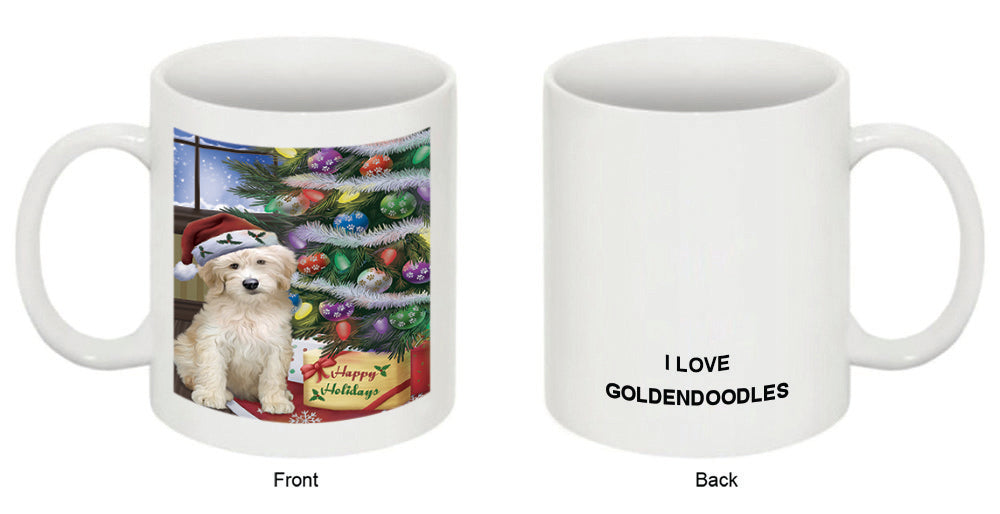 Christmas Happy Holidays Goldendoodle Dog with Tree and Presents Coffee Mug MUG48854
