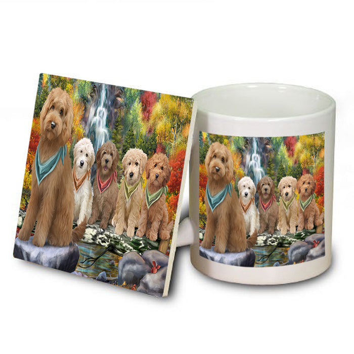 Scenic Waterfall Goldendoodles Dog Mug and Coaster Set MUC51882