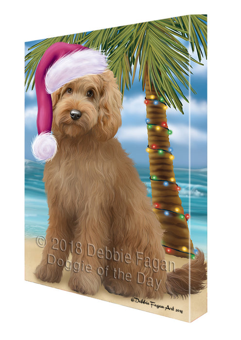 Summertime Happy Holidays Christmas Goldendoodle Dog on Tropical Island Beach Canvas Print Wall Art Décor CVS108854
