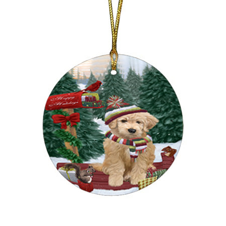 Merry Christmas Woodland Sled Goldendoodle Dog Round Flat Christmas Ornament RFPOR55292