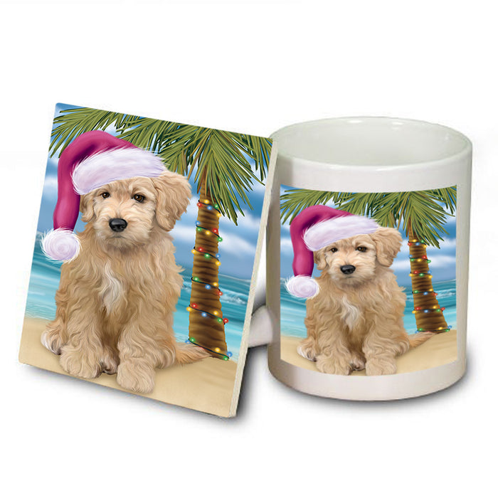 Summertime Happy Holidays Christmas Goldendoodle Dog on Tropical Island Beach Mug and Coaster Set MUC54421